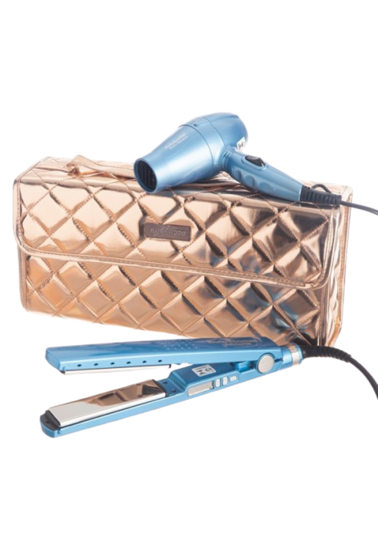Kit Prancha Nano Titanium + secador Mini com Bolsa Ouro Rosa